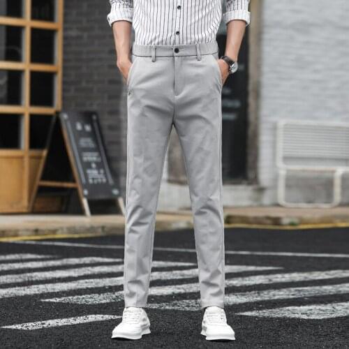 2021 new luxury casual pants mens business fashion solid color nine-point pants high-quality elastic waist slim fit suit pants