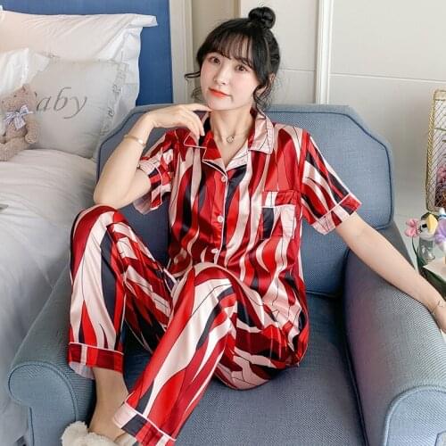 2021 Summer Silk Satin Short Sleeve Long Pants Print Pajama Sets for Women Korean Sleepwear Pyjama Homewear Pijama Mujer Clothes