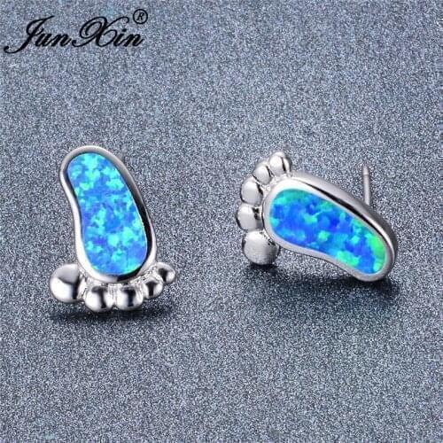 Cute Feet Stud Earrings For Women Girls Blue White Fire Opal Earrings Wedding Jewelry Accessories Unique Women Mens Ear Studs