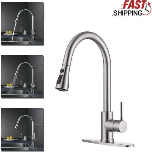 Kitchen faucet brushed nickel single hole countertop installation rotatable hot and cold water mixer faucet pull out sink faucet
