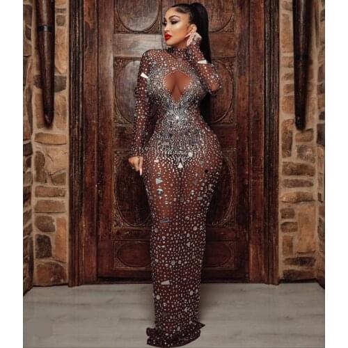 Sexy Mesh Perspective Mirrors Rhinestones Celebrite Party Birthday Long Dress Women Bar Nightclub Outfit Singer Show Stage Wear