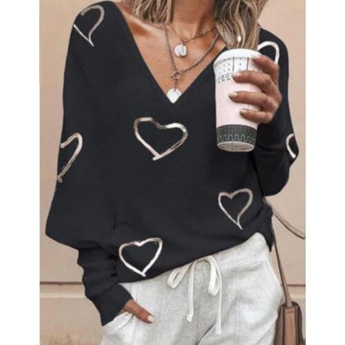 Spring Women Casual Print T-Shirt Long Sleeves V-Neck Tops Solid Soft Womens Clothing Office Lady Comfortable Female T-Shirts