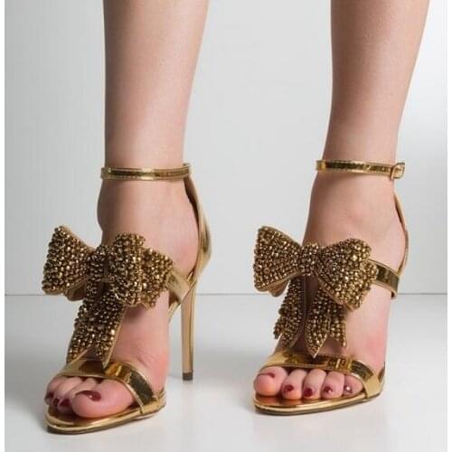 Moraima Snc Hot Selling Gold Metallic Leather High Heel Sandal Summer Open Toe Crystal Bowknot Gladiator Shoes Woman Dress Heels