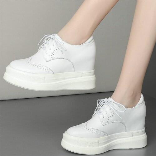 9cm High Heel Creepers Women Lace Up Genuine Leather Hidden Wedges Ankle Boots Female Round Toe Fashion Sneakers Casual Shoes