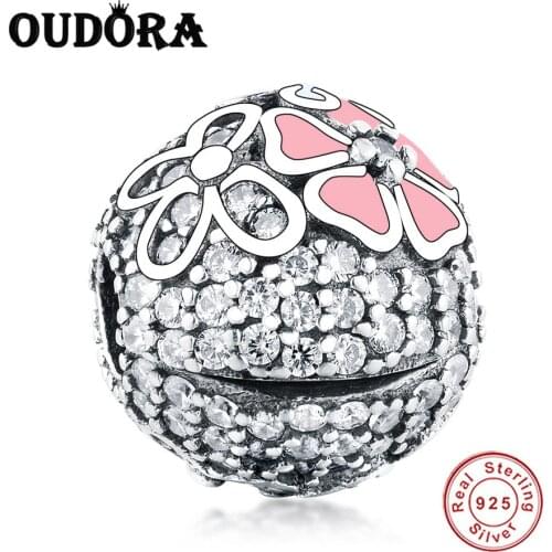 925 Sterling Silver Pink Flower Lock Clip Charms Fit Original Pandora Charms Silver Bracelet Bead Women Fashion Jewelry Berloque