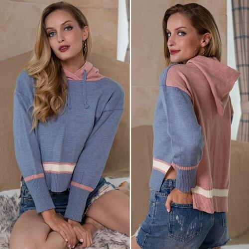 Womens Sweater Autumn and Winter Casual Loose Hooded Striped Sweater Pullover Knit Sweater Crop Tops Blue