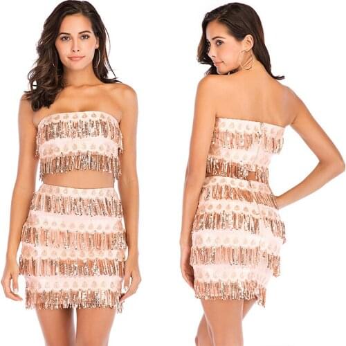 2020 Women Off Shoulder Luxury Sequin Tassel Tops and Skirts Two Piece Set Sexy Fringe Gold Bling Shinny Daily Outfit Party Sets