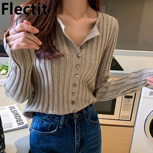 Flectit Women Knit Cardigan Button Up Long Sleeve O-Neck Rib Cropped Sweater Spring Autumn Cute Top