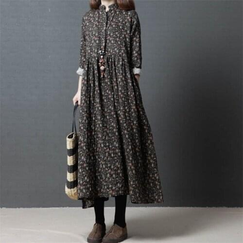 2020 Spring Autumn Long Sleeve Print Floral Long Dress Vintage Fashion Stand Collar High Waist Straight Dress Elegant Plus Size