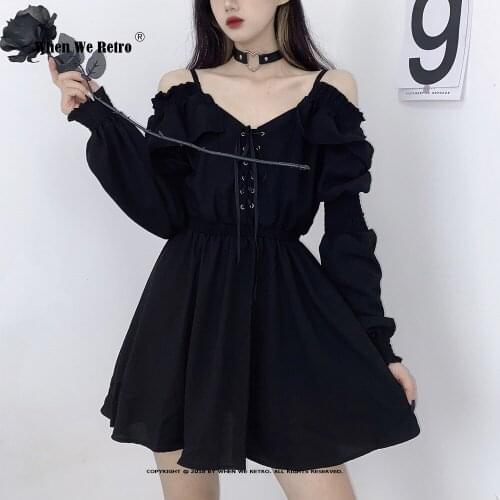 Women Dress Lace Up Black Autumn 2021 Sexy High Waist Femme Dresses Off Shoulder Long Sleeve Gothic Clothes VD2151