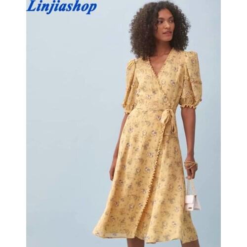 Elegant Ruffles V Neck Wrap Women Summer Dress Vintage Short Sleeve Girl Midi Dress France Yellow Floral Print Vestidos