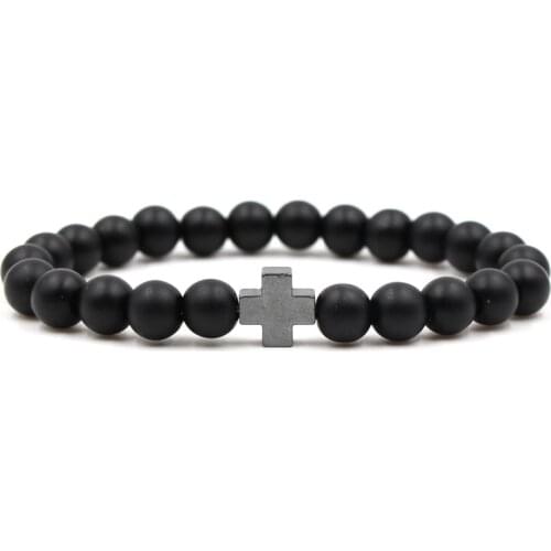 2021 Charm Noble Matte Black Stone 8mm Beads Bracelet 4 color Cross Bracelets for Women and Men Classic Jewelry Pulseras Gift