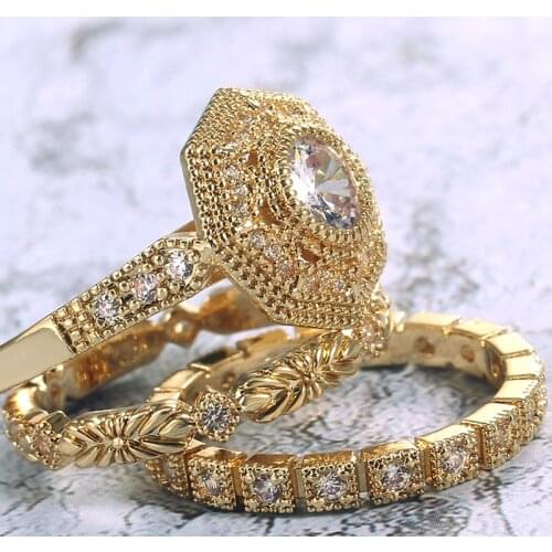 Huitan Romantic Geometric 3PC Ring Sets For Women With Different Shaped Cubic Zircon Stone Settings Luxury Engagement Rings