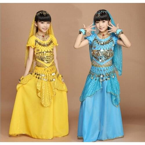 New Fashion Children Belly Dance Costumes Kids Bollywood Indian Performance Clothes Set 4 Colors