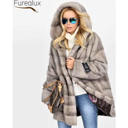 FUREALUX Mink Coat Womens Authentic Real Mink Fur Hooded Fashion Temperament Clothing Thickened Gentle Slim Jacket In Winter