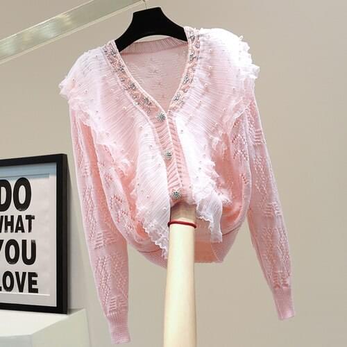 Cardigan Fashion Beads Diamond Studded Hollow High Waist Knitwear 2021 Autumn Mesh Patchwork Ruffled Sweater Coat