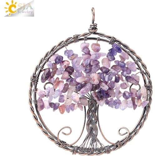 CSJA Tree of Life Pendant Healing Chakra Natural Stone Copper Color Round Wire Wrap Quartz Crystal Bead Reiki Jewelry Women G805