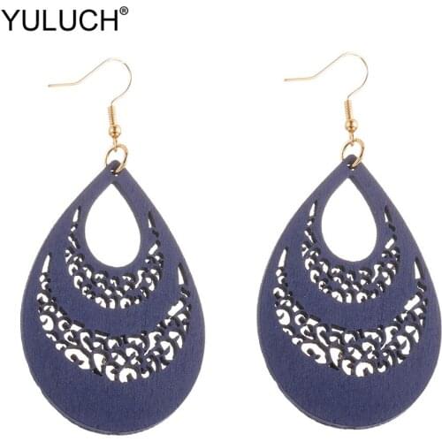 YULUCH Trendy Fashion Water Dorp Earrings For Women Lady Vintage Ethnic African Long Hollow Wooden Moon Dangle Pendant Earrings