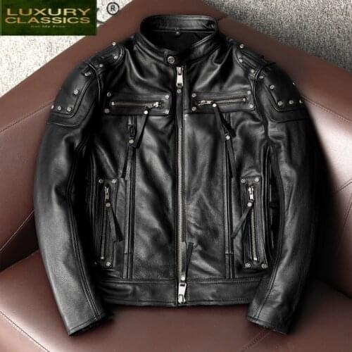 Plus Size 100% Real cow leather Coat Male Jacket Men Motorcycle Rivet Streetwear Natural Genuine Leather Mens Jackets LW