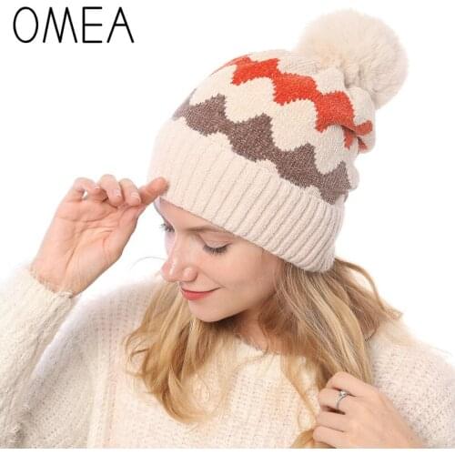 OMEA Winter Hats for Women Mink Cashmere Warm Thicken Knitted Hat Chenille Soft Wool Pom Pom Hat Beanie for Ladies Plus Velvet