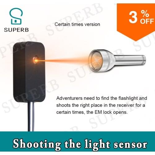 Real life room escape prop takagism shooting the light sensor for a certain time to unlock laser prop with audio from SUPERB