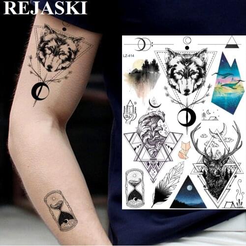 REJASKI DIY Realistic Geometric Surf Triangle Temporary Tattoos For Men Wolf Sticker Diamond Tattoos Deer Art Inbox Tattoo Sheet