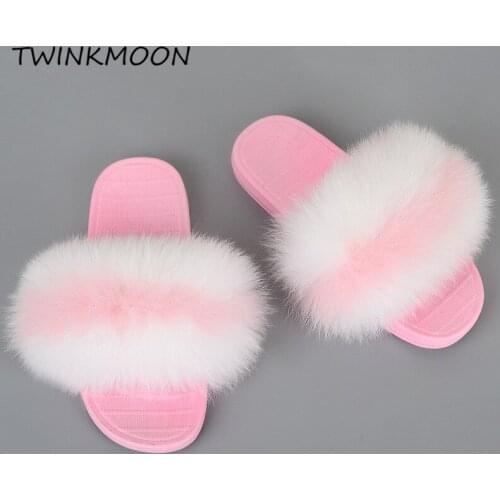 Pink Fox Fur Slides Luxury Fluffy Women Slippers Real Fox Hair Flats Outdoor Fashion Party Female Shoes Furry Lady Summer Slides