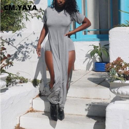 CM.YAYA Women Set Solid Short Sleeve X-long Splited Tops Strechy Shorts Two 2 Piece Sets Active Tracksuit Casual Outfit Summer