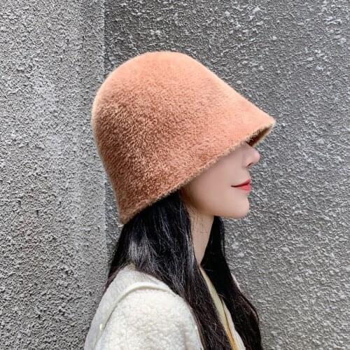 New Autumn Winter Dome Brief Temperament Solid Color Imitation Mink Warm Bucket Hat Women Fashion All-match Fishermen Hat