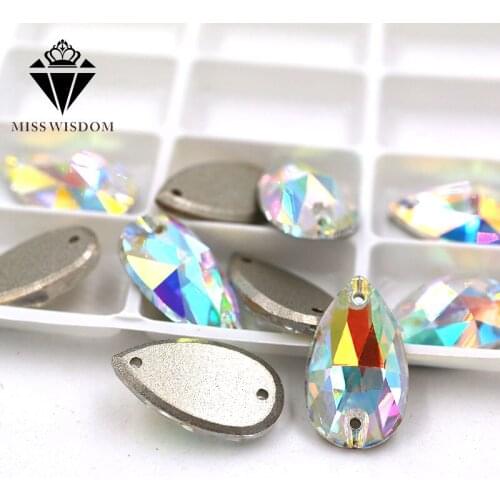 High quality flatback glass double hole crystal sew on rhinestones Teardrop shape AB color Flat buckle diy clothing accessories