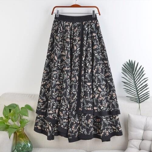 Vintage Skirt Womens 2021 Summer New High Waisted A-line Large Hem Elastic Waist Fake Two Pieces Floral Printed Slim Long Skirts