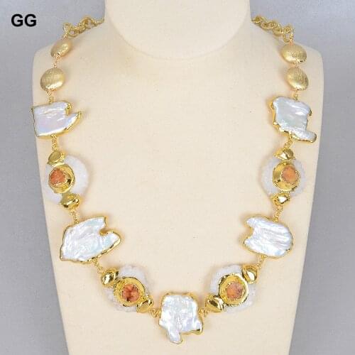 GuaiGuai Jewelry Natural Cultured White Keshi Pearl Slice Orange Druzy Quartz Gold Color Plated Chain Necklace Jewelry For Women