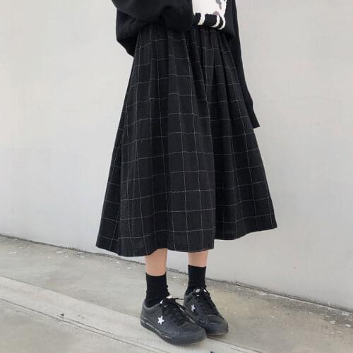 Leiouna Japanese Style Kawaii Lolita High Waist Cotton Maxi Skirts Woman Autumn Plaid A-line Pleated Skirts Womens Harajuku