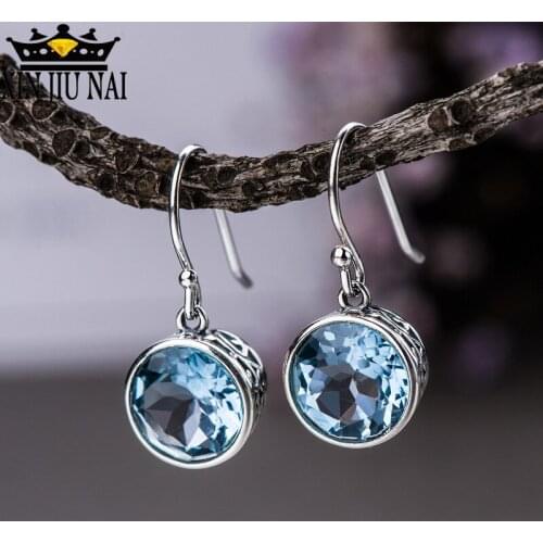 Silver 925 Earring Fashion Large Round Sky Blue Sapphire Zircon vintage Earrings Sea Heart Sapphire Long Fashion Women Gift