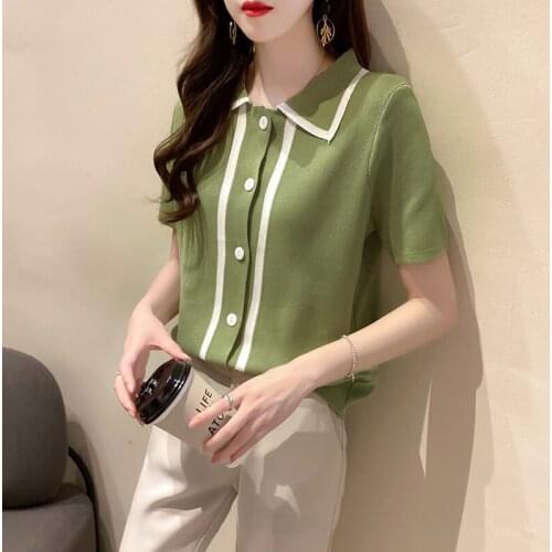 Women Turn-down Collar Knitted Short Sleeve Single-Breasted Buttons Sweaters Cardigans Lady Knit Tees Tops for Female
