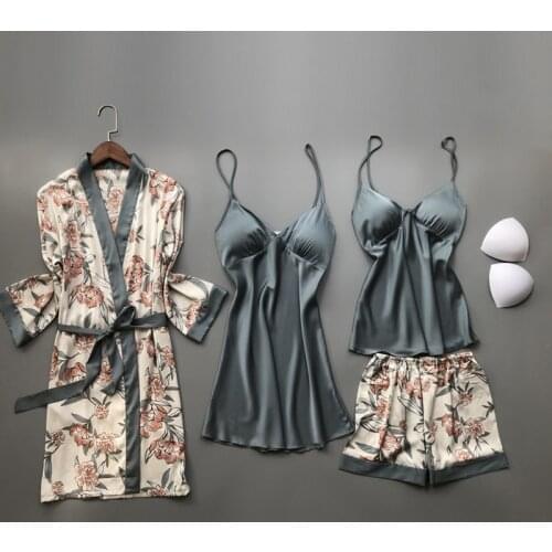 JULYS SONG 4 PCS New Woman Pajamas Set Faux Silk Satin Sleepwear Printing Summer Sling Shorts Sexy Robe For Woman Homewear