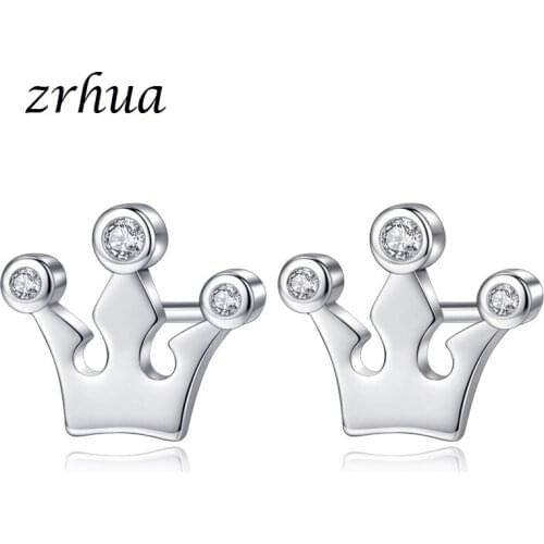 ZRHUA High Quality Silver Color Classic Crown Stud Earrings for Women Bridal Wedding Ceremony Propose Jewellery