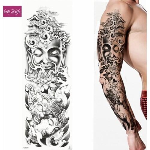 1 Piece Buddha Zen meditation style Temporary Tattoo Sticker with Arm Body Art Big Sleeve Large Fake Tattoo Sticker