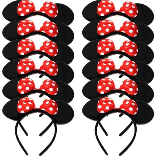 12pcs Minnie Mouse Ears Headbands White Polka Dot Rose Bow Headbands For Kids Birthday Party Halloween Supplies Hair Accessories