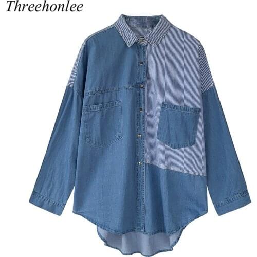 2021 Fashion Irregular Spliced Women Denim Shirt Coat Baggy Long Sleeve Pocket Streetwear Jean Jacket Cowboy Outwear Tops Coats