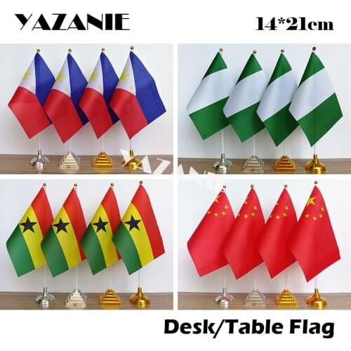 YAZANIE 14*21cm 4PCS Philippines Nigeria Ghana China Desk Flag with Gold Table Flag Base World Countries Polyester Hand Flag
