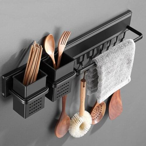 Aluminum Alloy Kitchen Storage Hanging Rod with Hooks and Cutlery Container Boxes Tools Gadgets Forks Spoons Knives Organizer