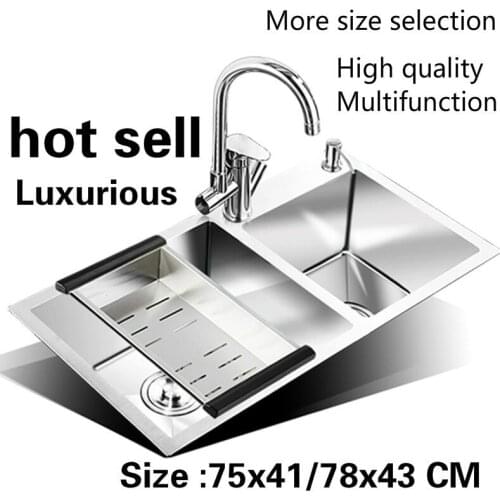Free shipping Apartment luxurious kitchen manual sink double groove do the dishes 304 stainless steel hot sell 75x41/78x43 CM