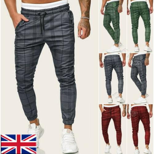 Men Casual Plaid Long Sport Pants Slim Fit Trousers Running Joggers Gym Sweatpants Male Boy Cool Outwear Bottoms