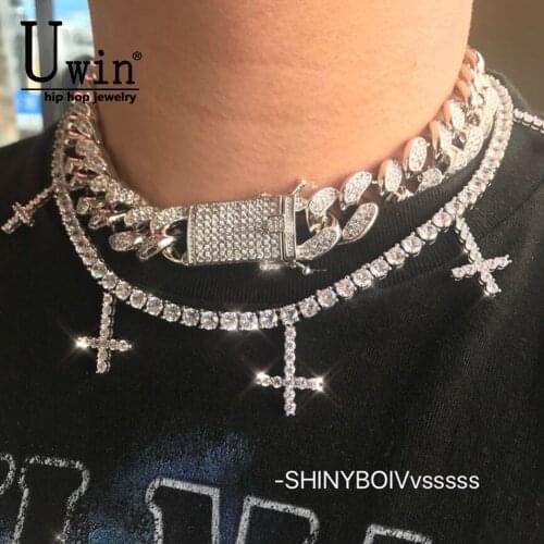 Uwin Tennis Chains With Cross Iced Out Cubic Zirconia Pendant Necklace 5mm Width Fashion For Men/Women Jewelry