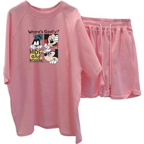 Disney Summer Top Oversized T Shirt Mickey Mouse Print Sportswear Kawaii Tee Shirt Femme Plus Size Women Clothing+Shorts Outfit