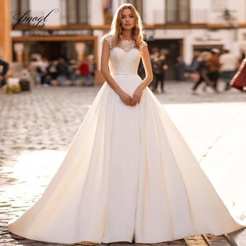 Fmogl Sexy Illusion Scoop Neck Matte Satin Wedding Dresses 2021 Elegant Appliques Cap Sleeve Court Train A Line Bride Gown