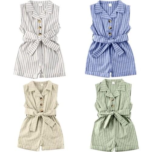 Focusnorm 1-6Years Toddler Baby Boy Girl Jumpsuit Striped Turn-Down Collar Sleeveless Toddler Girls White/Blue/Khaki/Lake Green