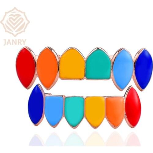 JANRY Hip Hop Gold Tekashi69 Rainbow Teeth Grillz Top&Bottom Colorful Grills Dental Halloween Vampire Teeth For Women Men