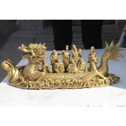 Chinese Myth Brass Copper Eight Immortals By Dragon Boat Across The Sea Statue